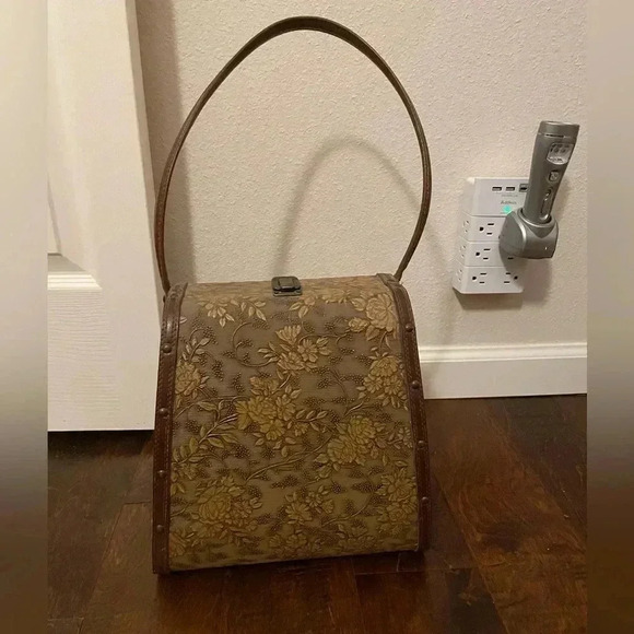 Vintage 60s Wooden Box Purse Floral Embossed Maroon Velvet Lining Handbag Bag - Picture 1 of 7